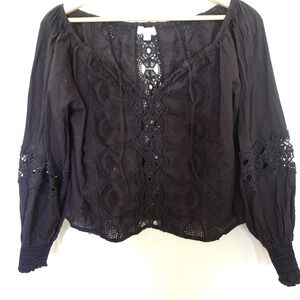 Jennifer & Grace Shirt Womens Small Black Crochet Lace‎ Boho Peasant Top Blouse